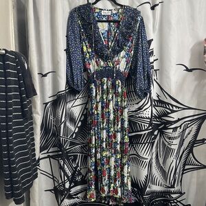 Vintage Long Sleeve Elastic Stretch Waist Floral V-Neck Maxi Dress